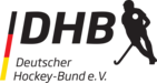 Schräge schmale Deutschlandfahne, stilisiert als Linie, daneben in fetten schwarzen Versalien DHB, darunter in kleinerer Schrift deutscher Hockey-Bund e.V. Rechts davon ein schwarzer Schattenriss eines Hockeypielers in Aktion